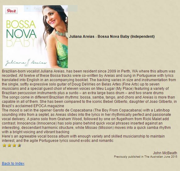 Jazz and Beyong CD Review John McBeath Peter Wokener Juliana Areias Bossa Nova Baby